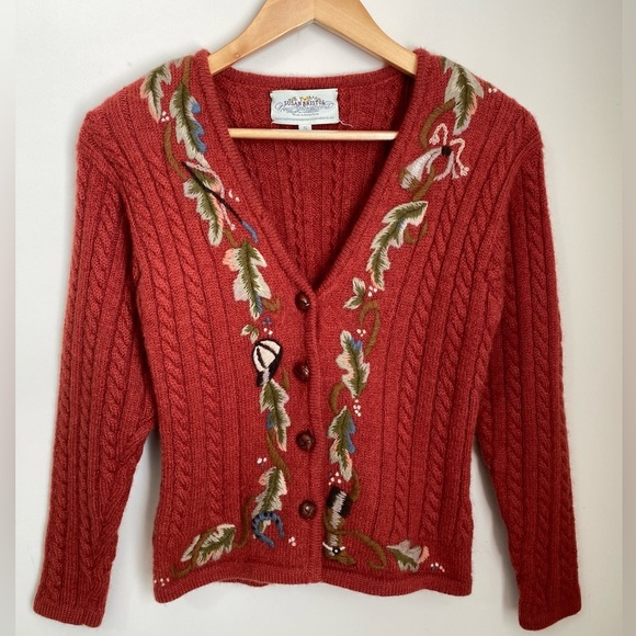 Susan Bristol Vintage Christmas Sweater Hand Embroidered Orange 100% Wool Size S - Picture 1 of 10